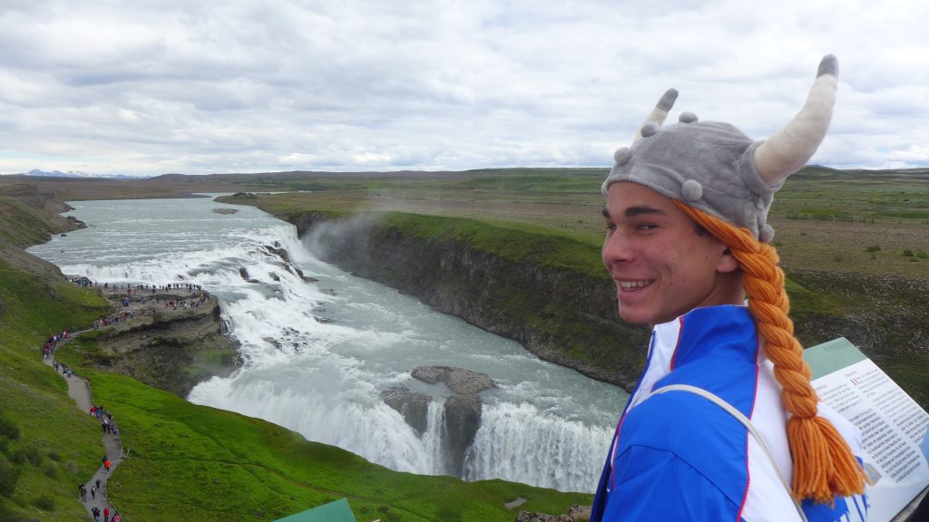 Toby, the Viking of the Day (VOD) poses above Gulfoss Falls.